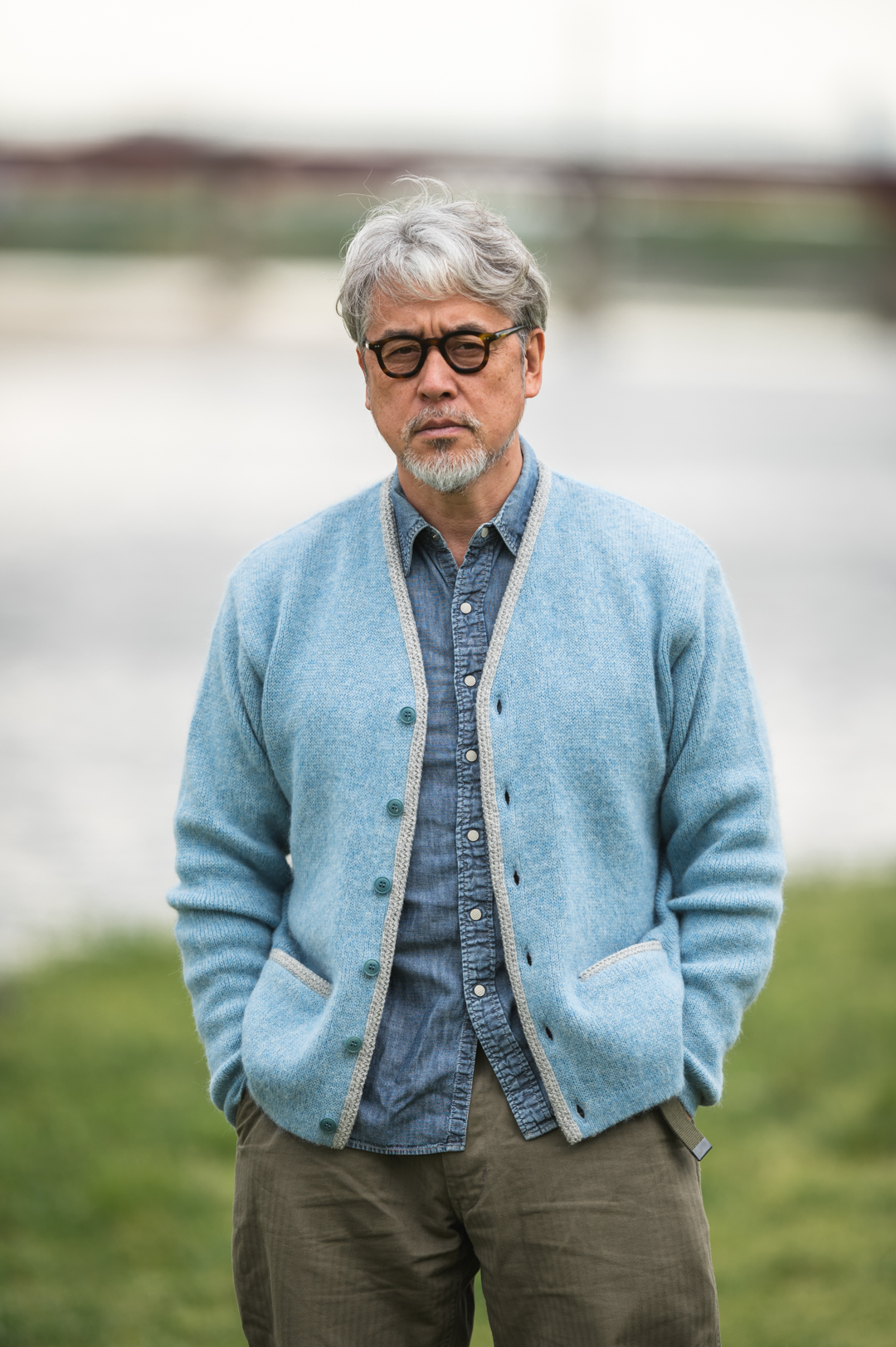Cardigan Alpaca Mohair blue gray 
